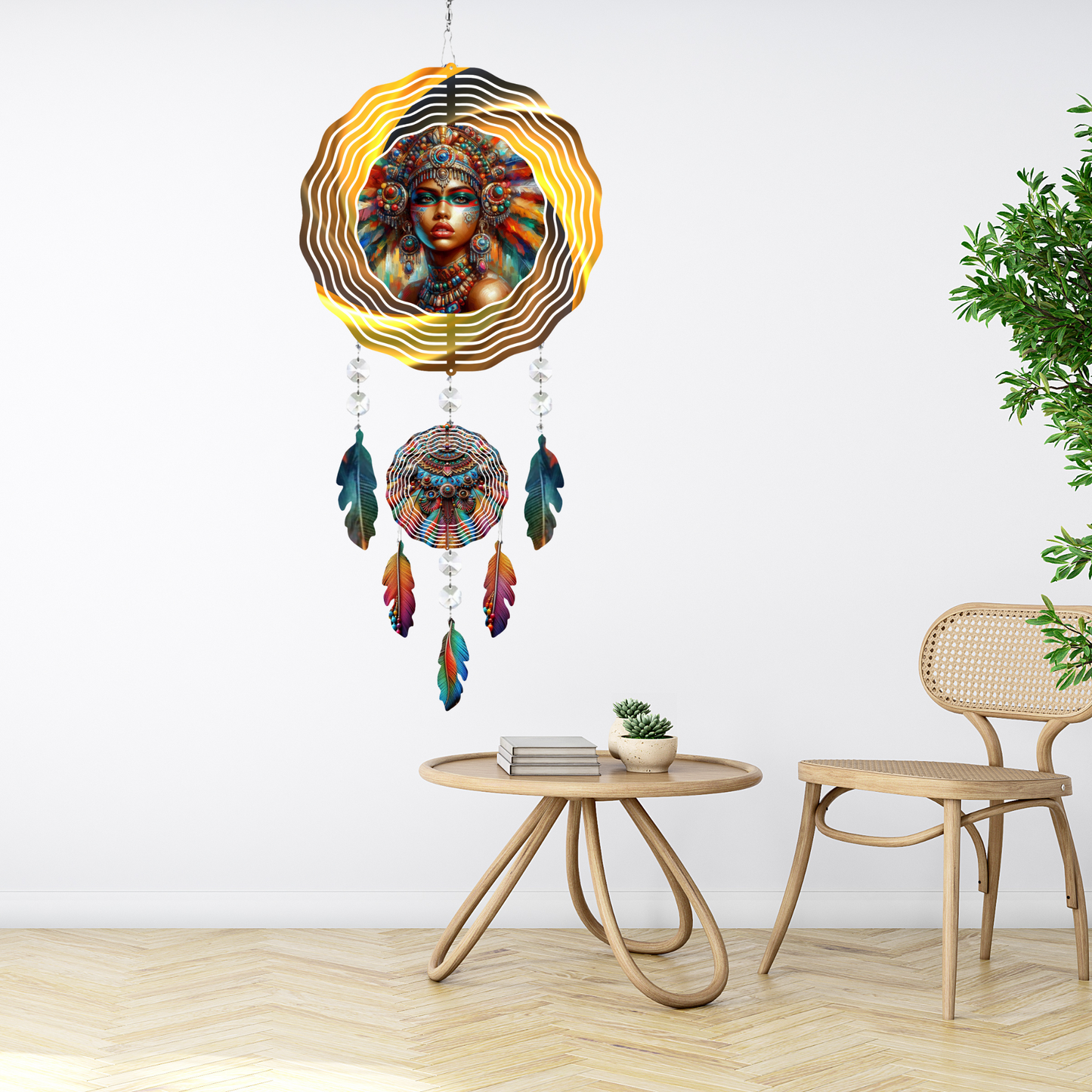 ✨ Radiant Goddess Dreamcatcher Wind Spinner – Tribal Elegance with Vibrant Feathers ✨